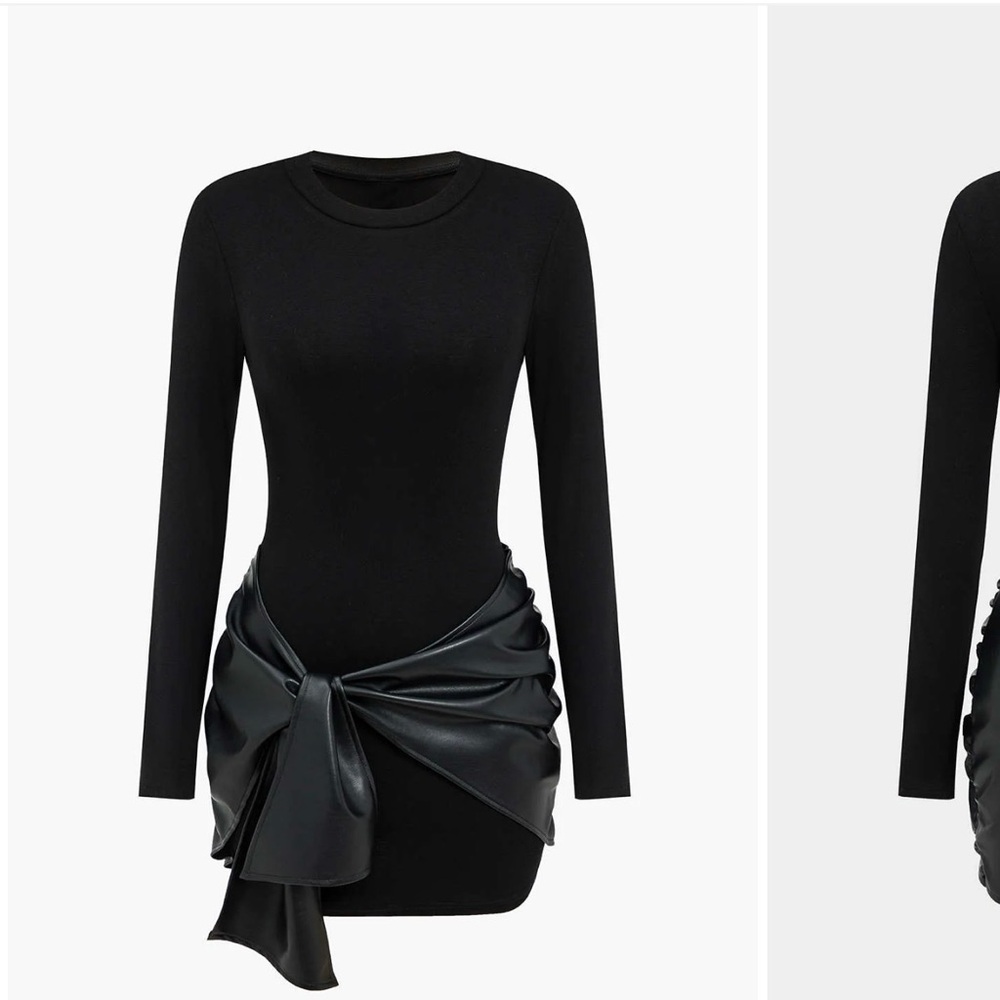 Faux Leather Patchwork Tie Front Round Neck Ruched Mini Dress